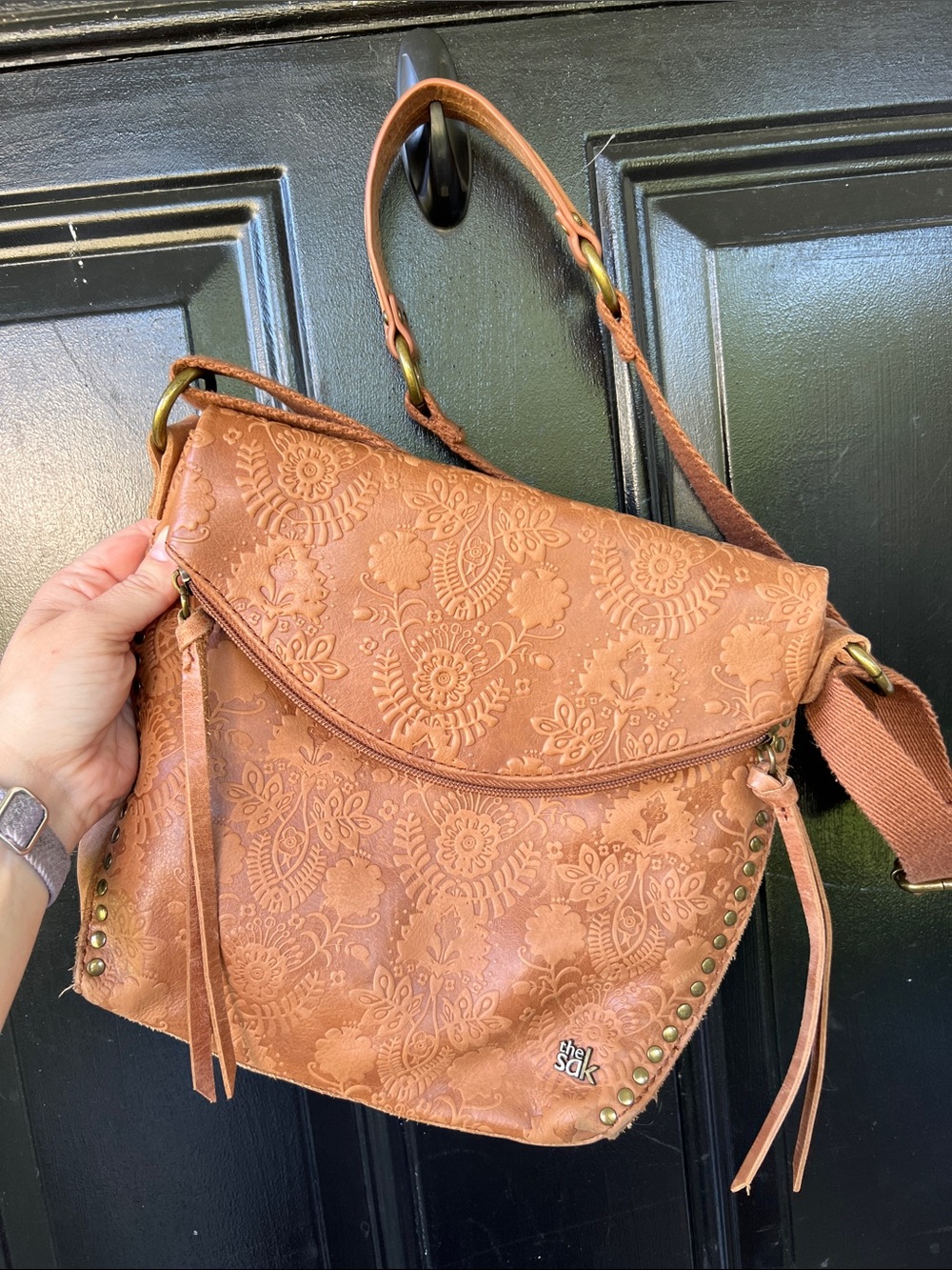 The Sak Embossed Floral Leather Crossbody Bag - Brown